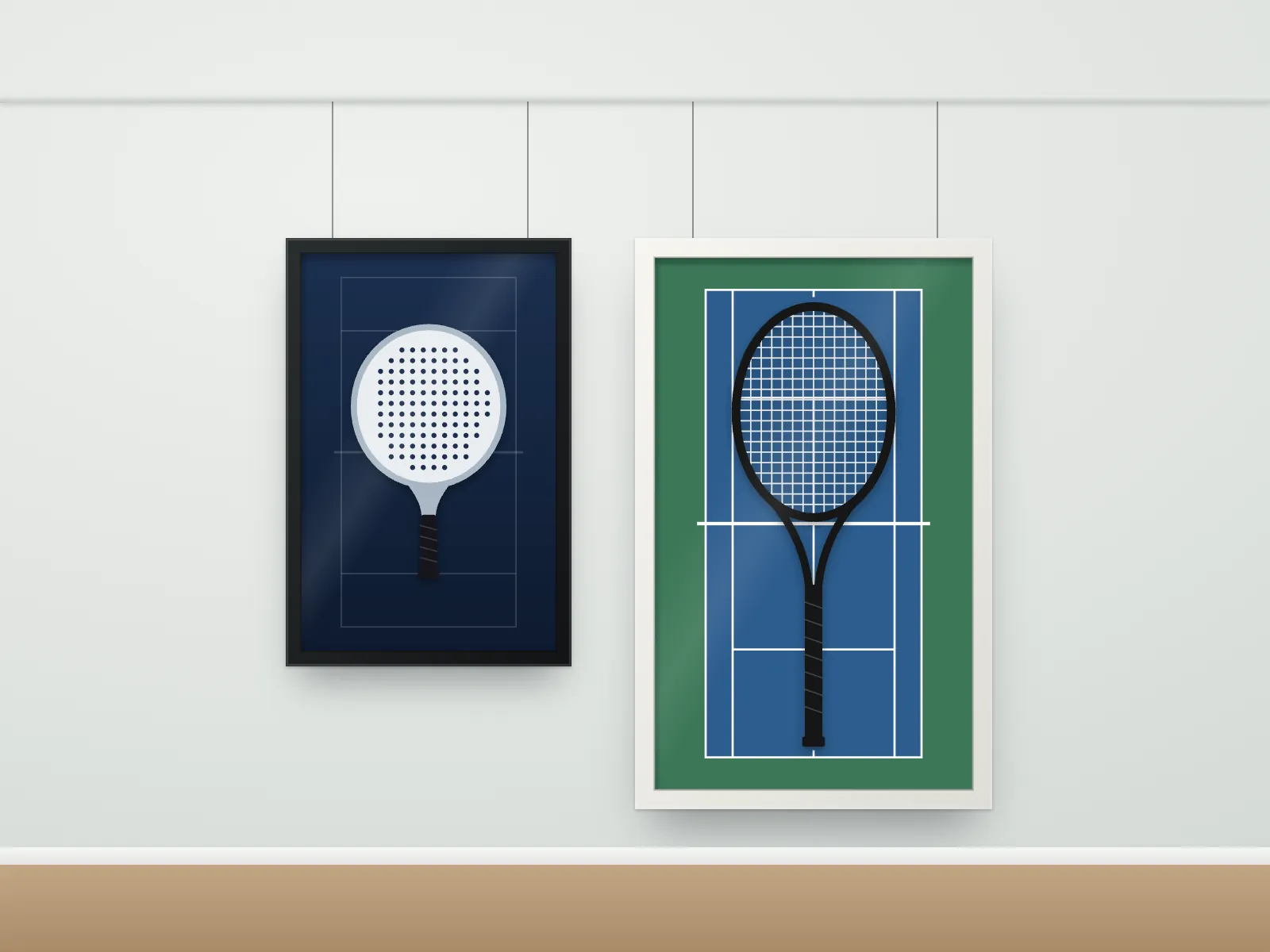Frame berisi raket padel dan raket tennis tergantung di dinding